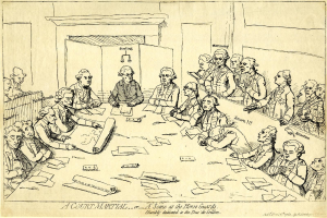 Ein Gerichtssaal mit einer Gruppe von Menschen, wahrscheinlich Anwälten, die um einen langen Tisch sitzen, der mit Papieren und anderen Gegenständen bedeckt ist, mit Text am unteren Bildrand.