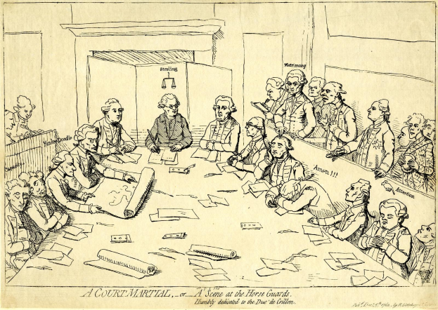 Ein Gerichtssaal mit einer Gruppe von Menschen, wahrscheinlich Anwälten, die um einen langen Tisch sitzen, der mit Papieren und anderen Gegenständen bedeckt ist, mit Text am unteren Bildrand.