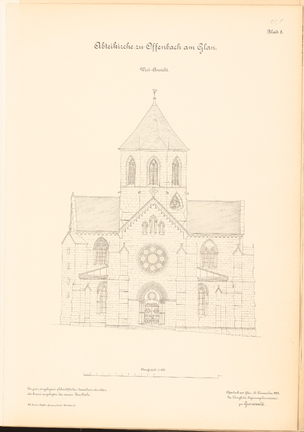 Ein altes Buch mit einer detaillierten Zeichnung einer Kirche, einschließlich ihrer Fenster, Türen und anderer Merkmale, mit Text, der weitere Informationen über die Kirche liefert.