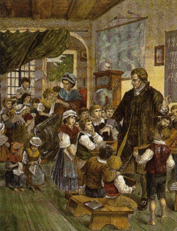 Ein Bild mit dem Titel 'Die Lehrerklasse' von William Hogarth, das einen Mann vor einer Klasse mit Kindern zeigt, einige sitzen auf Bänken und andere stehen, mit einer Tafel, einem Foto, einem Fenster, einem Vorhang und einem Dach auf der rechten Seite.