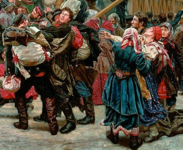 Gemälde, das eine Gruppe von Menschen zeigt, die vor einer Menge tanzen, einige halten Gegenstände, mit einem hölzernen Haus im Hintergrund, das während der russischen Revolution spielt und traditionell russisch gekleidete Personen zeigt.