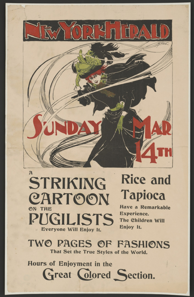 Plakat für die New York Herald am Sonntag, den 14. März, mit einer Karikatur einer Frau mit menschlichem Gesicht und Textbeschreibung des Ereignisses.