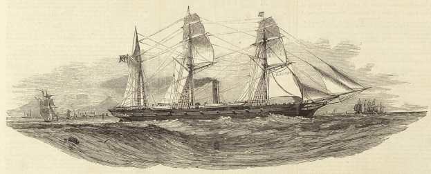 Gravur eines Segelschiffs auf hoher See mit detaillierten Segeln und Rumpf, andere Schiffe im Hintergrund und Text unten.