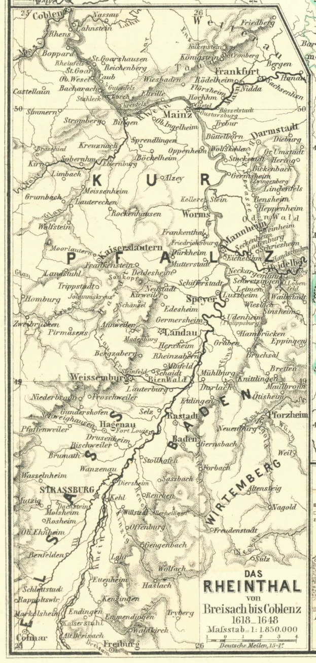 Detailiertes altes Kartenbild des Rheins in Deutschland, das Flüsse, Städte und Gewässer zeigt, mit Text oben und unten, der geografische Informationen liefert.