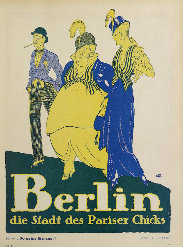 Ein Plakat, das ein Konzert in Berlin, Deutschland, ankündigt, zeigt eine Gruppe von Menschen in bunter Kleidung vor einem Gebäude, mit der Aufschrift "Berlin - Die Stadt des Pariser Chicks" öber dem Bild.