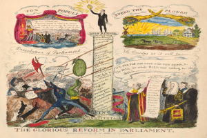 Ein Papier voller leuchtender Farben und detaillierter Muster, das fette Schrift und Bilder von verschiedenen, strahlenden Menschen zeigt, die eine hoffnungsvolle Reform im Parlament symbolisieren.