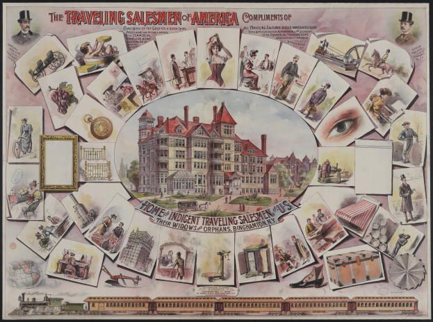 Ein Plakat mit der Aufschrift 'Die reisenden Verkäufer Amerikas' zeigt ein zentrales Gebäude umgeben von Bildern von Menschen, einem Zug und verschiedenen Gegenständen.