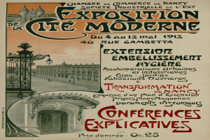 Ein Plakat, das eine Ausstellung in Cite Moderne ankündigt und ein Gebäude, ein Tor, einen bewölkten Himmel und Text mit Ausstellungseinzelheiten zeigt.