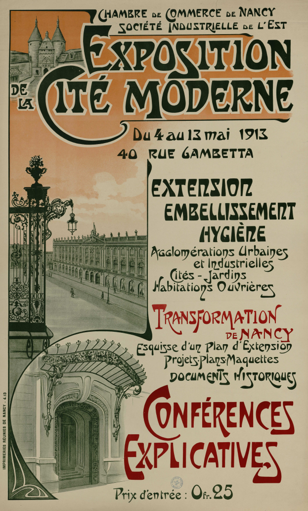 Ein Plakat, das eine Ausstellung in Cite Moderne ankündigt und ein Gebäude, ein Tor, einen bewölkten Himmel und Text mit Ausstellungseinzelheiten zeigt.
