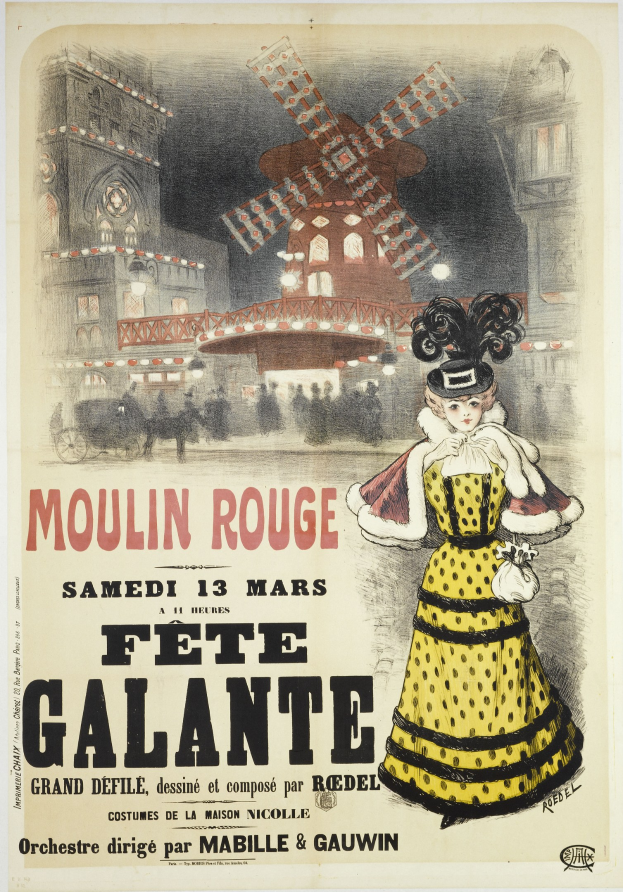 Plakat für ein Moulin Rouge Fete Galante-Event, das eine Frau in einem gelben Kleid zeigt, die vor einem Gebäude mit einer Windmühle im Hintergrund steht.