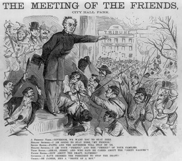 Ein Blatt Papier mit einer Zeichnung einer Gruppe von Menschen, einige mit Waffen, und einem Gebäude im Hintergrund, mit der Aufschrift "Die Zusammenkunft der Freunde, Stadtpark".