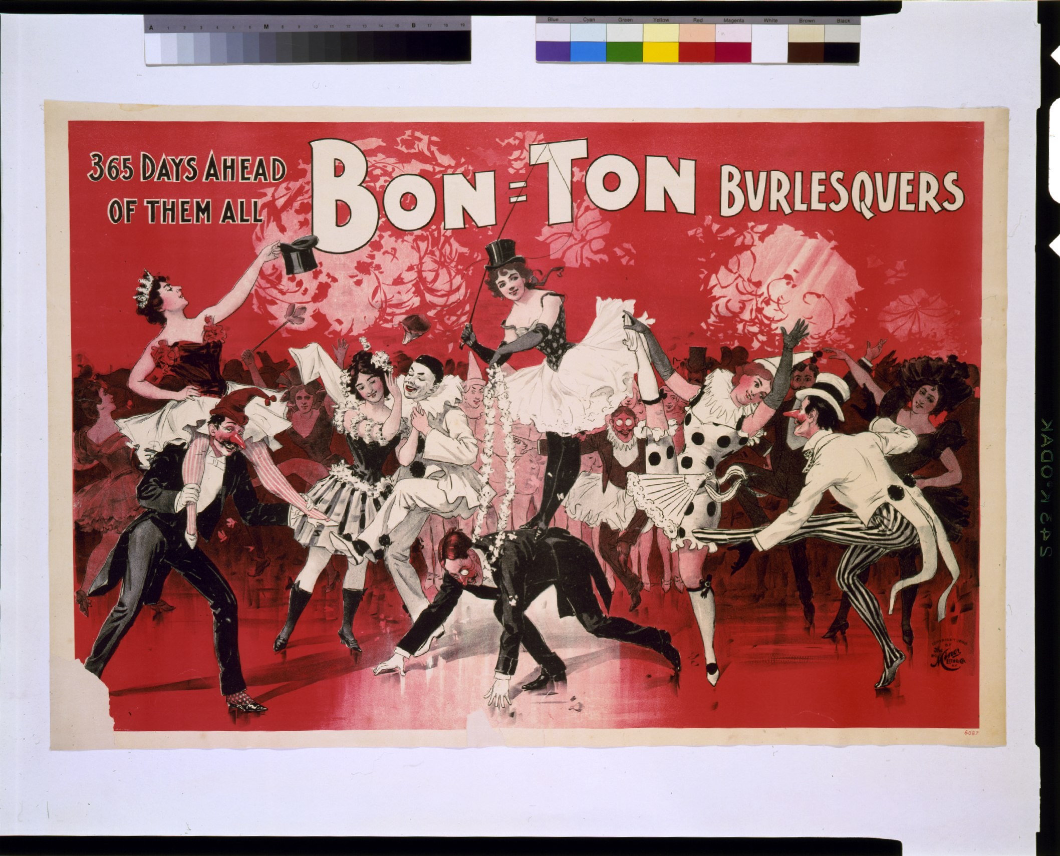 Ein Vintage-Plakat mit einer Gruppe von Menschen in bunten Kostümen, die tanzen, mit dem Text "Bon-Ton Burlesquers - 365 Tage voraus" oben.
