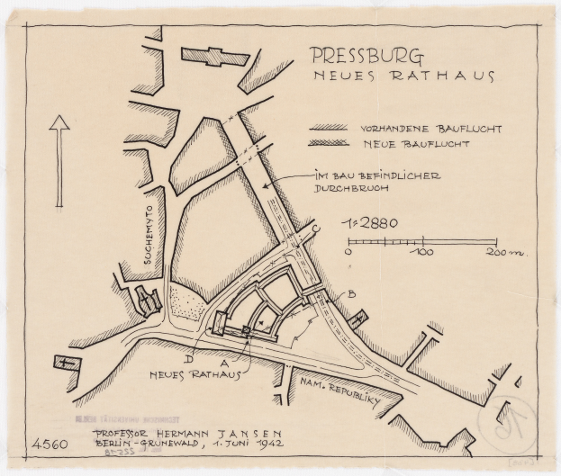 Ein detailliertes Bild einer Karte von Pressburg, Deutschland auf einem Blatt Papier, das Straßen, Gebäude und Sehenswürdigkeiten zeigt, mit Text, der zusätzliche Informationen liefert.