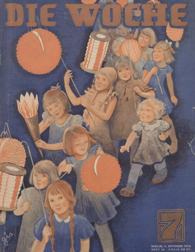 Titelbild der 'Die Woche'-Zeitschrift mit Kindern in traditioneller deutscher Kleidung, die buntfarbige Laternen halten und den 7. September 1934 feiern, mit der Aufschrift 'Die Woche' und 'Frohes neues Jahr.'