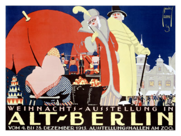 Ein Plakat, das eine Zirkusveranstaltung in Berlin, Deutschland, ankündigt, mit einer farbenfrohen Illustration von Menschen, Gebäuden und Gegenständen und den Worten 'Weihnachtsausstellung in Alt-Berlin' oben.