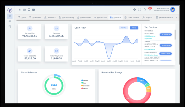 Ein Laptop-Bildschirm, der ein Finanzmanagement-Dashboard mit Grafiken und Text auf einem weißen Hintergrund mit einem blauen Kopfteil anzeigt.