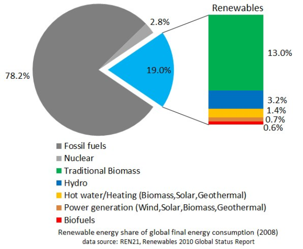 Tortendiagramm, das den globalen Verbrauch erneuerbarer Energien im Jahr 2008 zeigt, aufgeschlüsselt nach Quellen einschließlich fossiler Brennstoffe, Kernenergie, Wasserkraft, Warmwasser, Heizung, Biomasse, Solarenergie, Geothermie und Biokraftstoffe.
