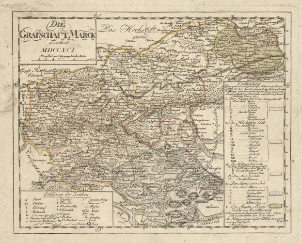 Ein detaillierter alter Stadtplan von München, Deutschland, mit Straßen, Parks und Sehenswürdigkeiten, verziert mit einem dekorativen Rahmen und in Blau-, Grün- und Gelbtönen gehalten.