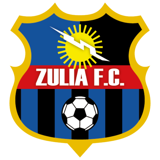 Ein blau-gelber Schild mit einem Fußball in der Mitte, umgeben von einem gelben Kreis mit schwarzem Rand, und die Wörter "Zulia FC" in fetter schwarzer Schrift.