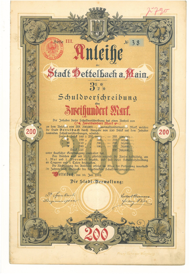 Alte deutsche Aktienurkunde mit Porträt eines Mannes, mit gedrucktem Text und numerischen Werten, die Aktien Details angeben.