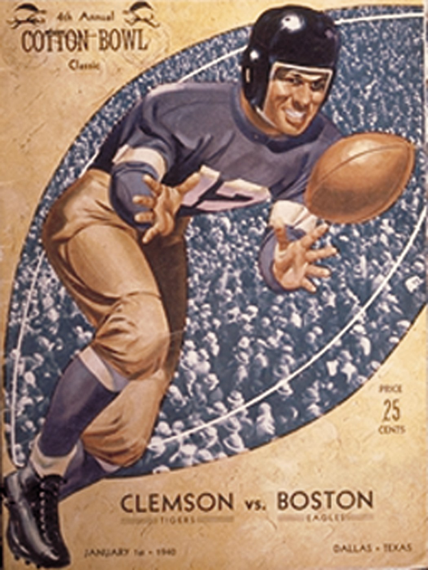 Ein Plakat mit einem Fußballspieler in einem Helm, der einen Football hält, mit der Aufschrift "Cotton Bowl Cleveland vs Boston" darüber, das eine entschlossene Miene ausdrückt.