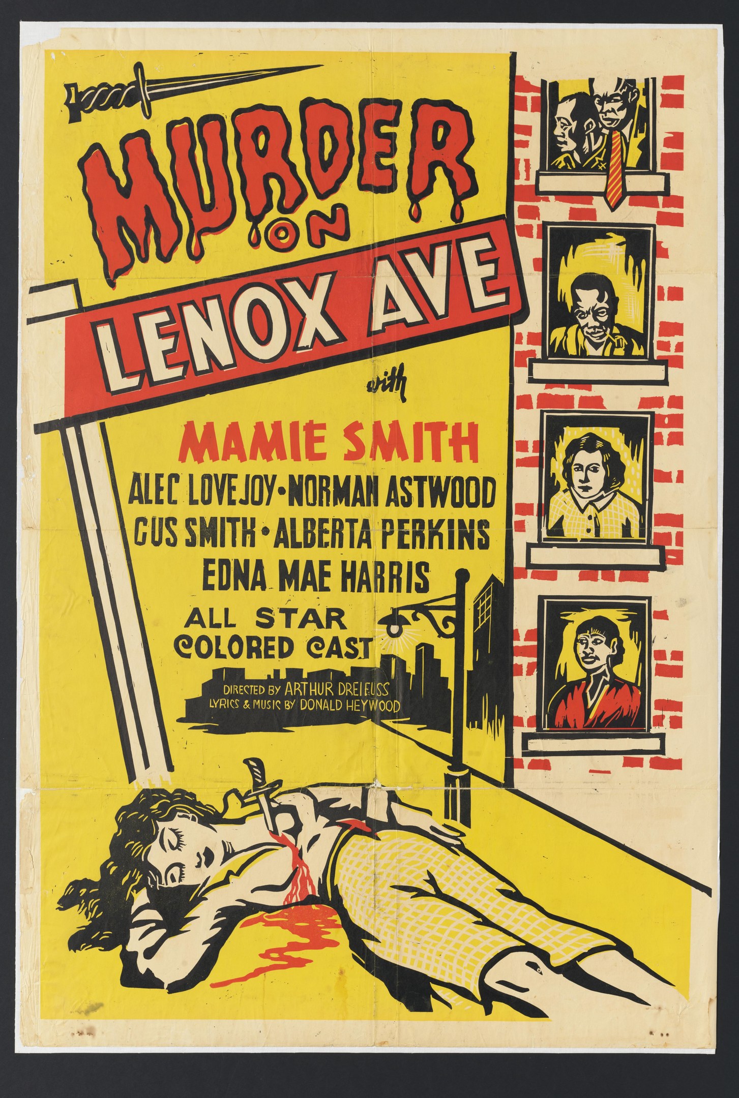 Plakat für "Mord auf Lenox Avenue", das eine Frau am Boden umgeben von kleineren Bildern von Menschen zeigt, mit Text, der likely den Titel angibt.
