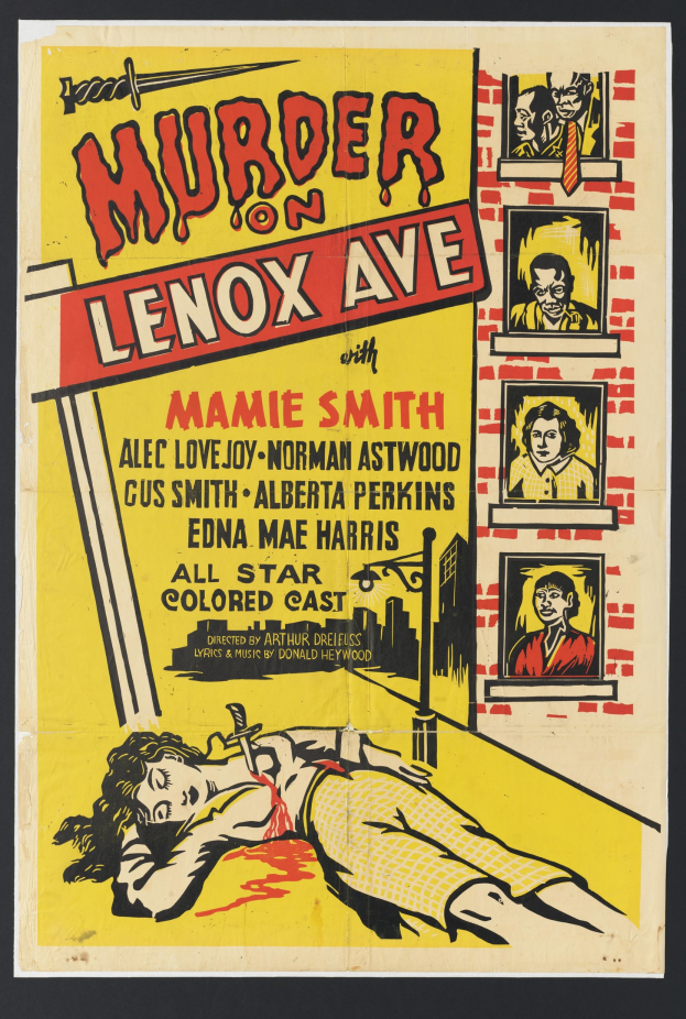 Plakat für "Mord auf Lenox Avenue", das eine Frau am Boden umgeben von kleineren Bildern von Menschen zeigt, mit Text, der likely den Titel angibt.