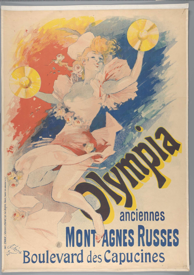 Ein Plakat, das die Olympischen Spiele in Mont-Agnes-Russes, Frankreich, bewirbt, zeigt eine Frau mit menschlichem Gesicht, die ein buntes Kleid trägt und einen Fächer hält, mit Text, der das Ereignis beschreibt.