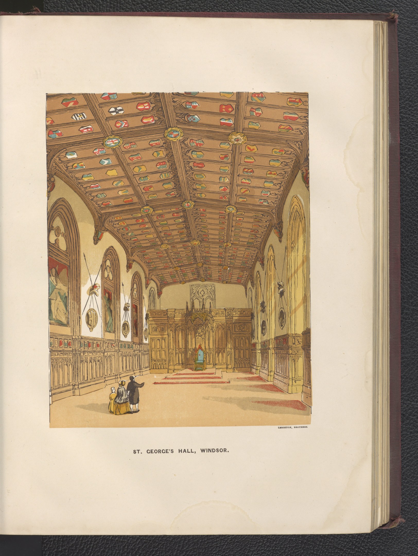 Offenes Buch mit detaillierter Illustration des Inneren von St. Georgs Halle in Windsor, England, mit sichtbaren architektonischen Elementen und Figuren, auf schwarzem Hintergrund.