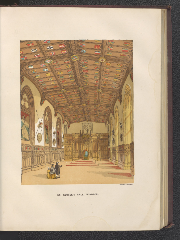 Offenes Buch mit detaillierter Illustration des Inneren von St. Georgs Halle in Windsor, England, mit sichtbaren architektonischen Elementen und Figuren, auf schwarzem Hintergrund.