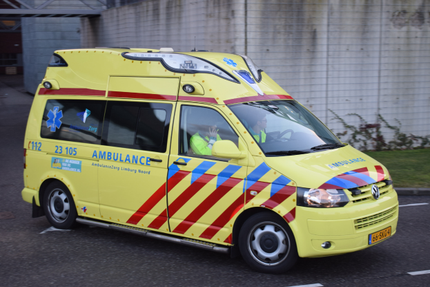 Ein gelber Krankenwagen mit zwei Personen darin fährt auf einer Straße neben einem Gebäude entlang, mit Gras und Pflanzen auf der rechten Seite und einer Wand im Hintergrund.