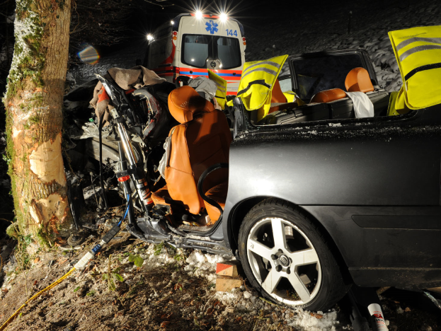 Ein verunglücktes Auto am Straßenrand, umgeben von Bäumen, mit einem Rettungswagen im Hintergrund.