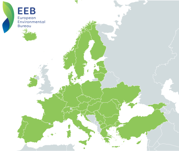 Eine Europakarte mit dem Logo des European Environmental Bureau in der linken oberen Ecke, die in verschiedenen Grünen schattiert ist, um die EU-Regionen anzuzeigen.