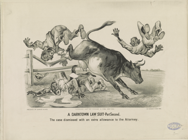 Ein Blatt mit einer Zeichnung eines Stiers und mehreren Menschen, die davon fallen, mit einem Holzzaun im Hintergrund und einem Text darunter, der "a darktown law suit-part-second the case dismissed with an extra allowance to the attorney" lautet.