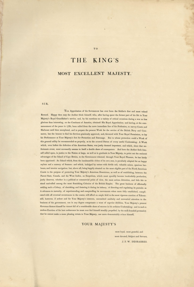 Ein aufgeschlagenes Buch mit dem Titel "Zu des Königs allerhöchster Majesty" in fetter schwarzer Schrift auf einem weißen Hintergrund, eingerahmt von einem goldenen Rand.
