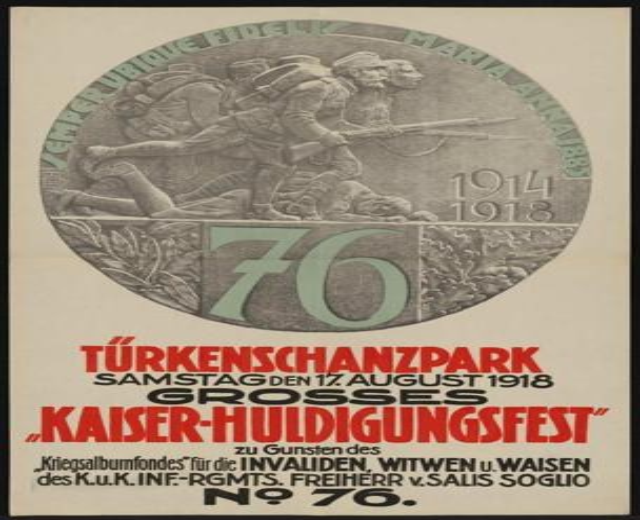 Plakat zum 70-jährigen Jubiläum des Kaiser-Huldigungsfestes in Berlin, Deutschland, mit einer Gruppe von Menschen umgeben von Text und Zahlen in einem gerahmten Design.