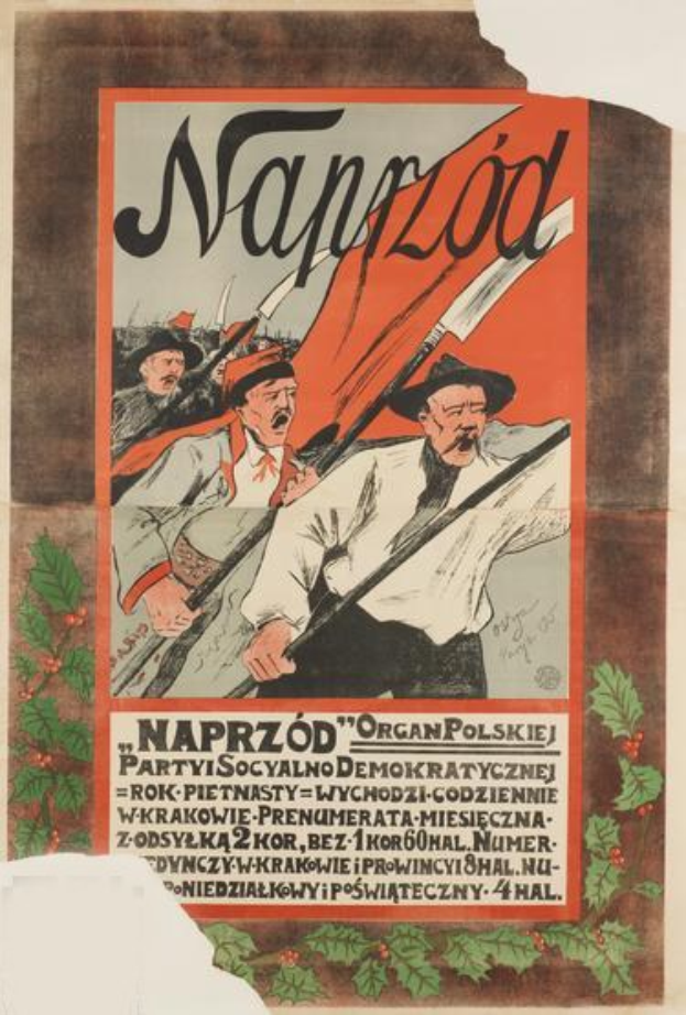 Ein polnisches Propagandaplakat für die polnische Revolution, das einen Mann mit einem menschlichen Gesicht in der Mitte und Textinformationen zum Ereignis zeigt.