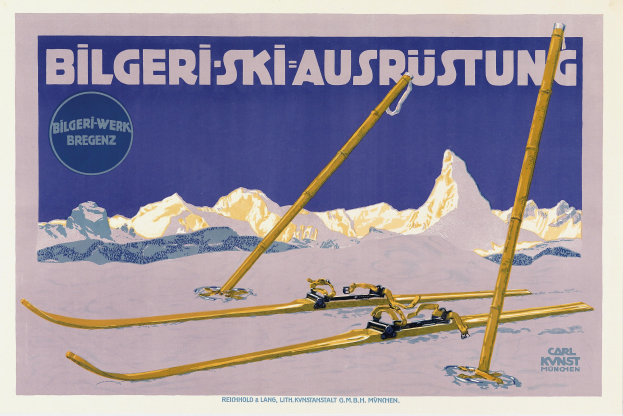 Plakat für ein Schweizer Alpen-Skigebiet mit Skiern im Vordergrund und schneebedeckten Bergen im Hintergrund, einschließlich Text über das Skigebiet.