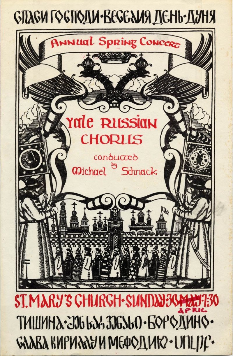 Buntes Plakat für das jährliche Frühlingskonzert der Yale-Russischen Chöre, mit einer Gruppe in traditioneller russischer Kleidung und fetter Schrift, geleitet von Michael Schnack in der St. Mary's Church.