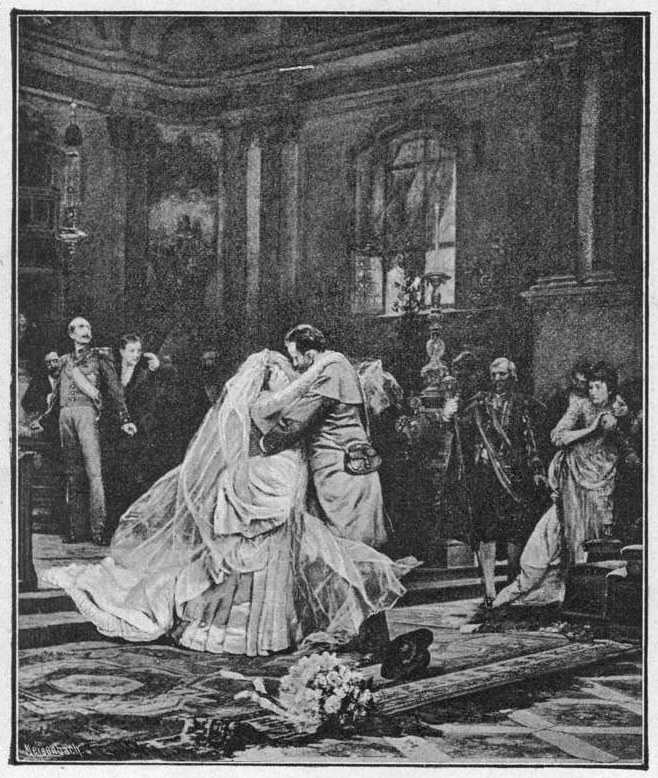 Schwarz-weiß-Foto einer Braut und eines Bräutigams, die sich vor einer Menge küssen, mit einem Blumenstrauß auf dem Boden und einer Wand mit einem Fenster im Hintergrund.