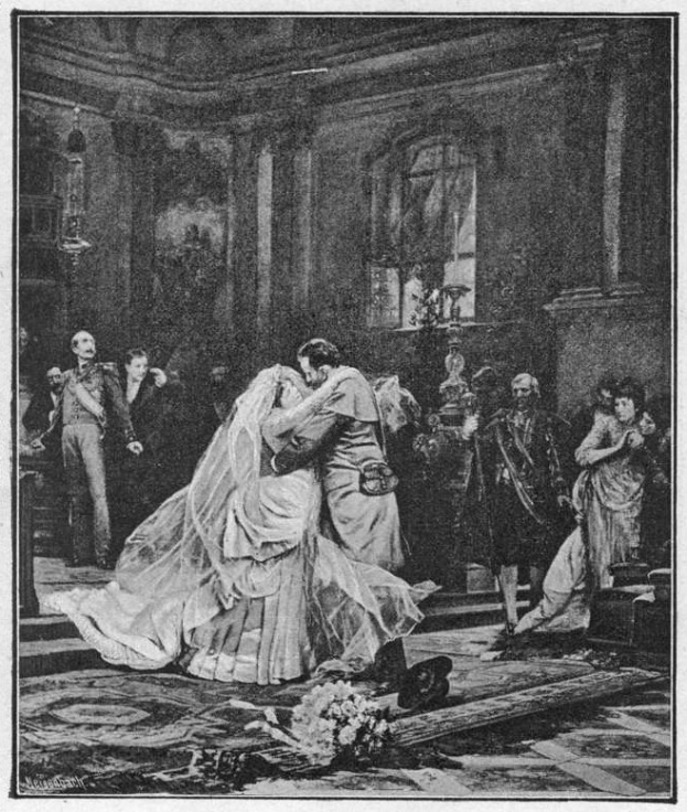 Schwarz-weiß-Foto einer Braut und eines Bräutigams, die sich vor einer Menge küssen, mit einem Blumenstrauß auf dem Boden und einer Wand mit einem Fenster im Hintergrund.