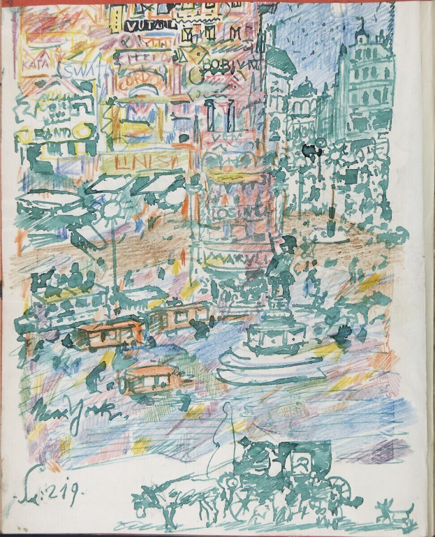 Ein Buchumschlag mit einer detaillierten Zeichnung einer belebten Stadtlandschaft mit Gebäuden, Fahrzeugen, Menschen und einem Brunnen, begleitet von Text.