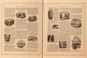 Offenes Buch mit mehreren Seiten, die Landschaften (Berge, Flüsse, Wälder) und begleitenden Text zeigen.