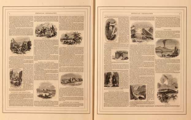 Offenes Buch mit mehreren Seiten, die Landschaften (Berge, Flüsse, Wälder) und begleitenden Text zeigen.