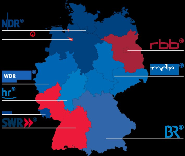 Karte von Deutschland mit in rot und blau hervorgehobenen Bundesländern, um die Ergebnisse der Wahl 2016 anzuzeigen, einschließlich der Namen der Kandidaten und weiterer Details zum Wahltermin.