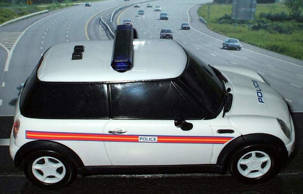 Weißer Polizeiauto auf einer Straße außerhalb einer Stadt, mit mehreren Fahrzeugen dahinter und Gras und Bäumen auf beiden Seiten.