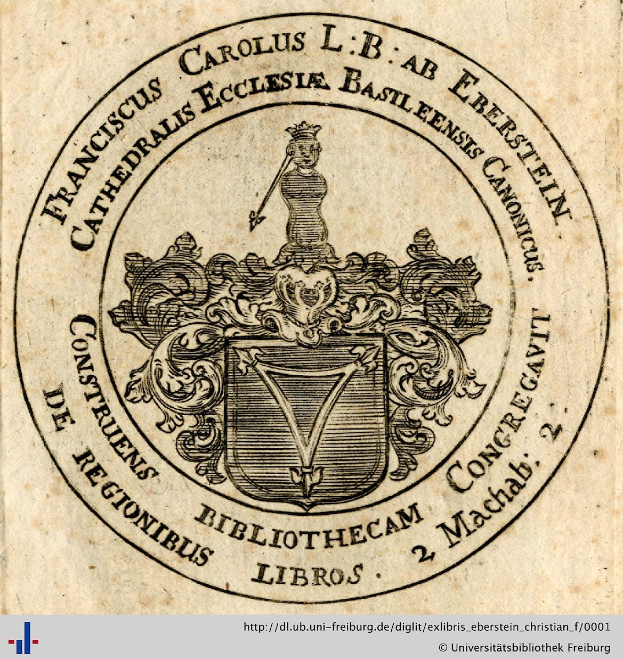 Altes Buch mit einem Wappen, das einen Schild mit einer Krone darauf zeigt, umgeben von einem Lorbeerkranz und einem Banner mit der Aufschrift "Bibliothek", sowie dem Wort "Bibliotheken" darunter.