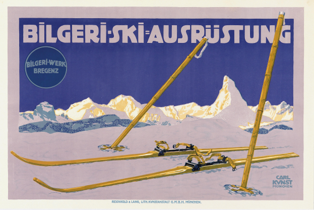 Ein Plakat, das eine Skistation in den Schweizer Alpen bewirbt, mit einem Paar Skier im Vordergrund und schneebedeckten Bergen im Hintergrund, mit Text, der Informationen über die Station enthält.