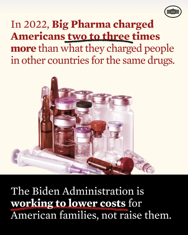 Ein Plakat mit Text "Big Pharma verlangen 2022 in den USA zwei bis drei Mal so viel f"r dieselben Medikamente wie in anderen L"andern" mit ein paar Flaschen und einer Spritze unten.