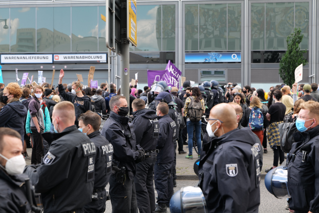 Eine große Gruppe von Menschen protestiert vor einem Gebäude, einige halten Schilder und tragen Helme, mit einem Pfahl und einer Tafel im Vordergrund und einem Baum im Hintergrund.